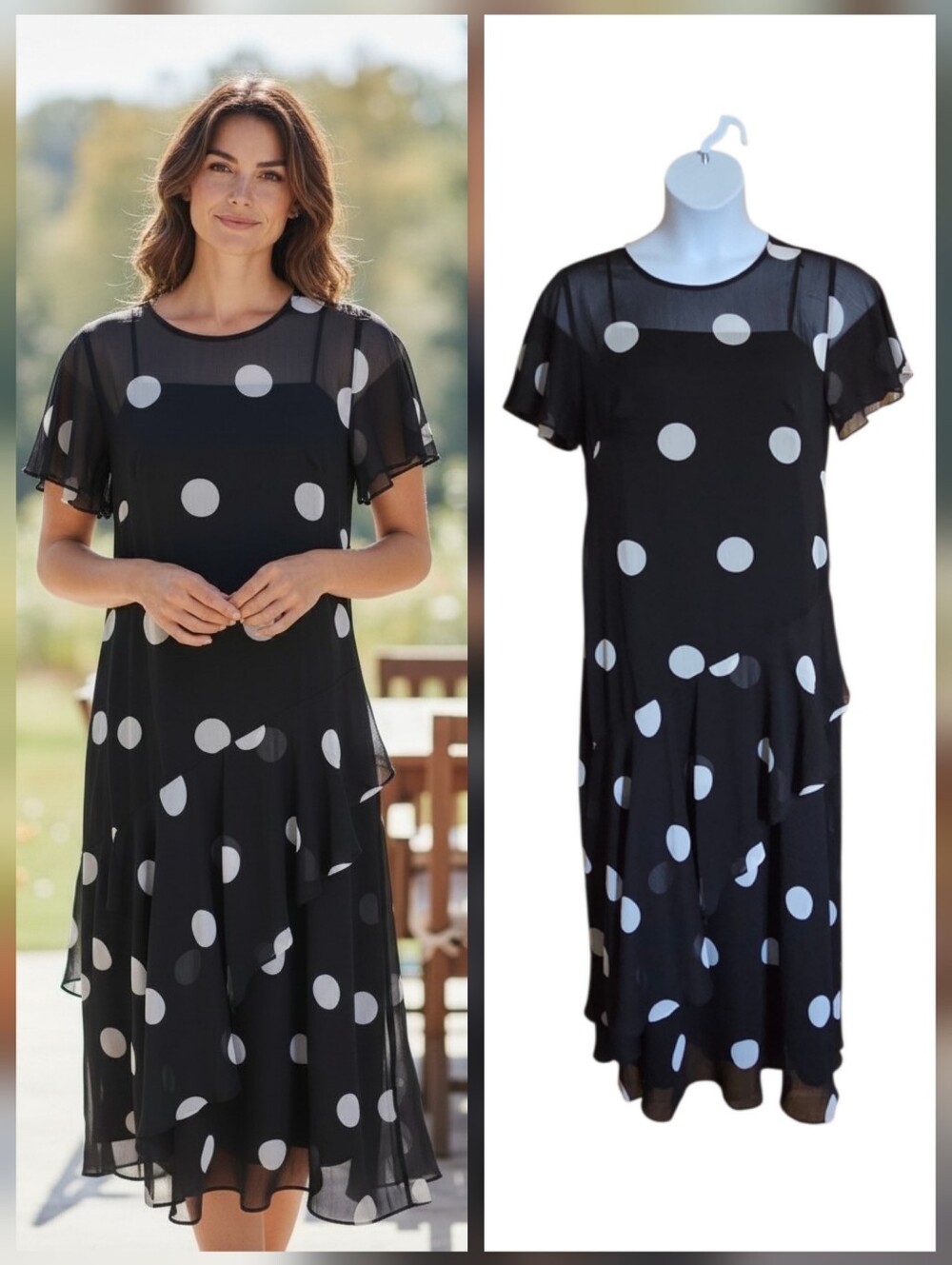 Ann Taylor Loft Dress Womens 10 Black White Polka Dot Layered Tiered Flowy Sheer